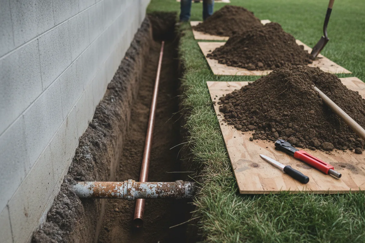 Excavated water line trench during Sewer Line Repair in Rheems